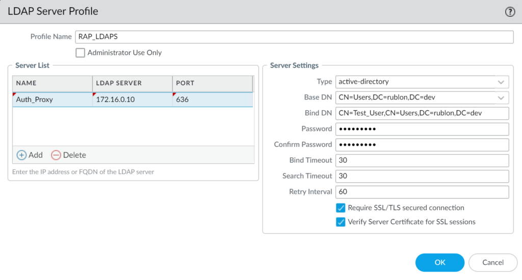 Image showing creating an LDAPS server profile in the Palo Alto admin panel