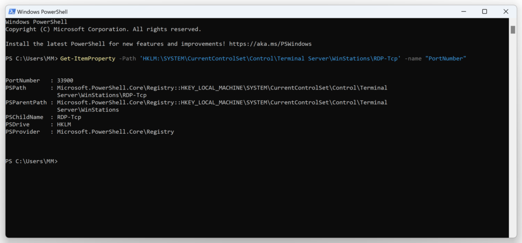 Image showing the execution of a command in PowerShell to verify Remote Desktop Service is listening on the new port