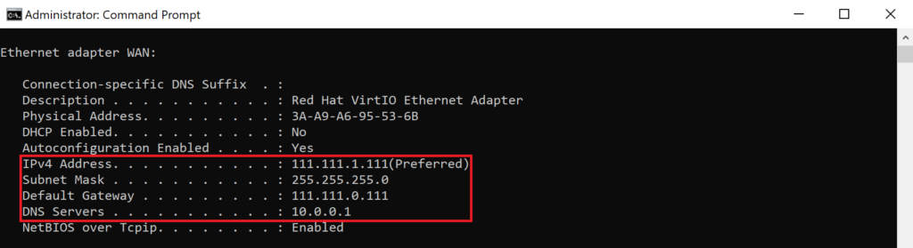 Image showing executing the ipconfig/all command to get IPv4 Address, Subnet Mask, Default Gateway, and DNS Servers