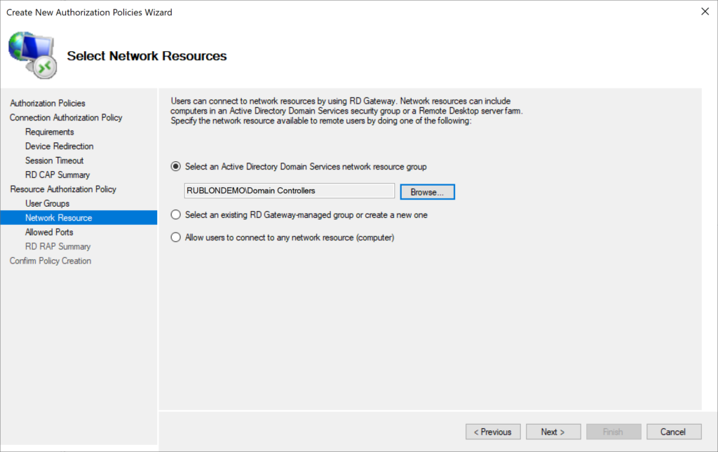 Image showing selecting network resources for the Resource Authentication Policy (RAP)