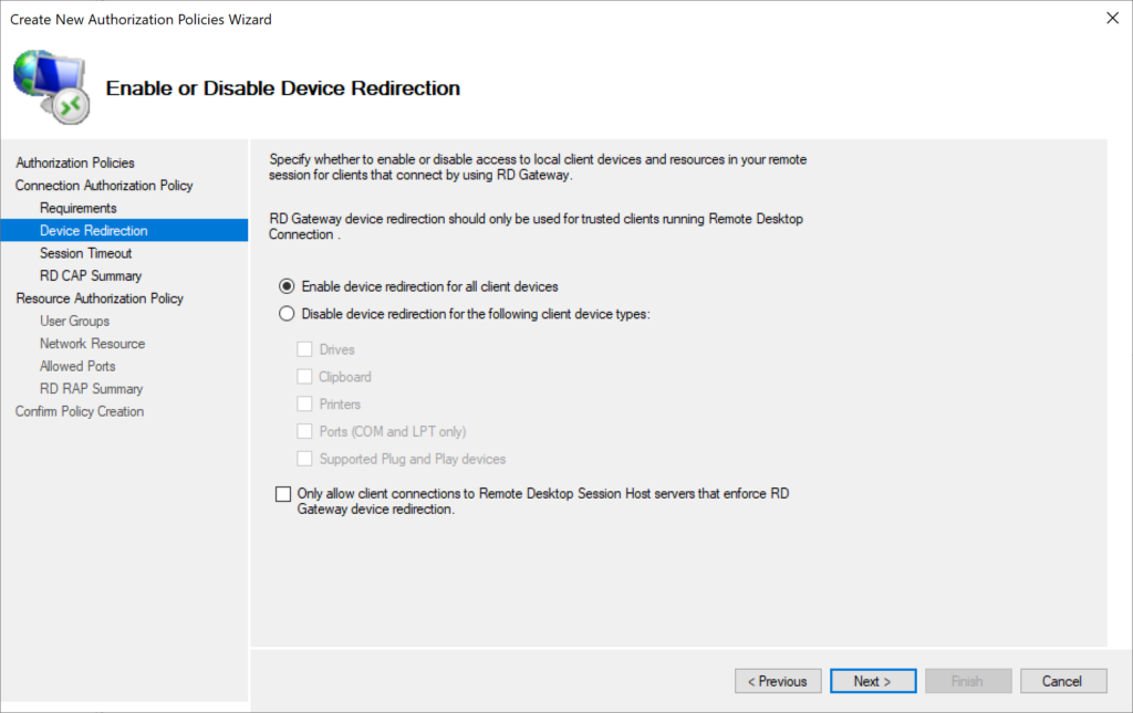 Image showing enabling device redirection for the Connection Authentication Policy (CAP)