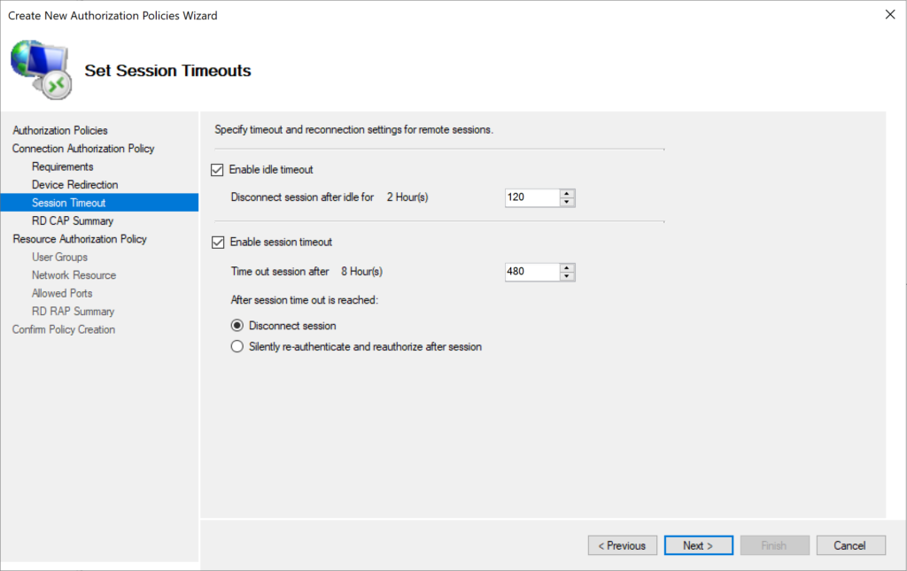Image showing setting session timeouts for Connection Authentication Policy (CAP)