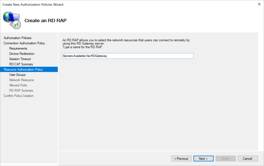 Image showing creating a Resource Authentication Policy (RAP)