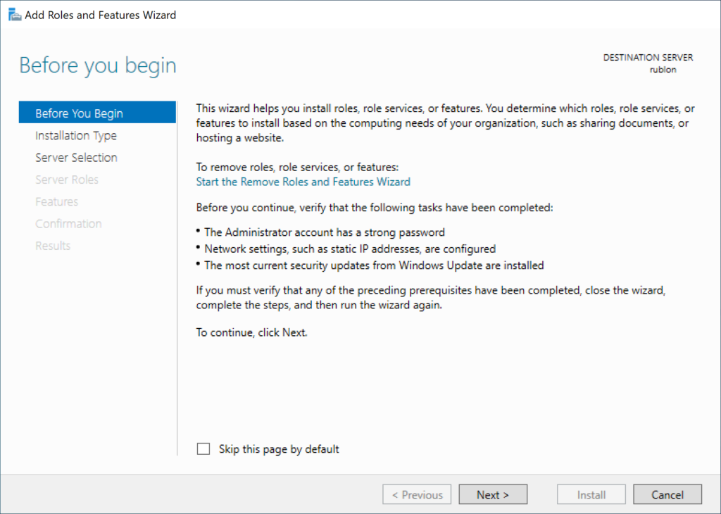 Image showing the beginning of the Add Roles and Features Wizard