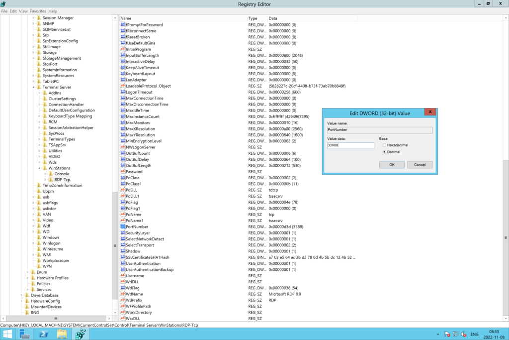 Image showing changing the RDP port number in Windows registry
