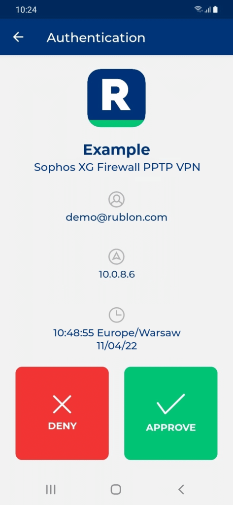 Image showing a Mobile Push received when logging in to the Sophos XG Firewall PPTP VPN