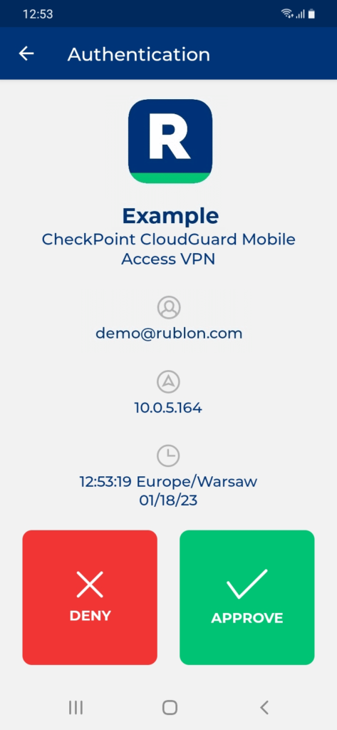 Image showing a Mobile Push authentication request received by the user from Rublon
