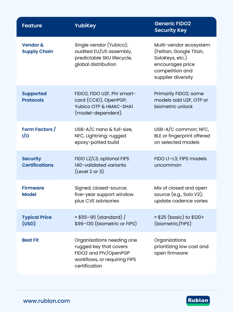 A table comparing YubiKey vs. FIDO2 Security Key