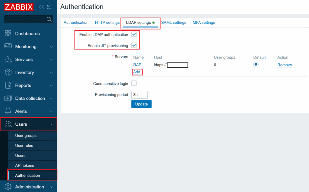 A screenshot showing LDAP settings to enable MFA for Zabbix