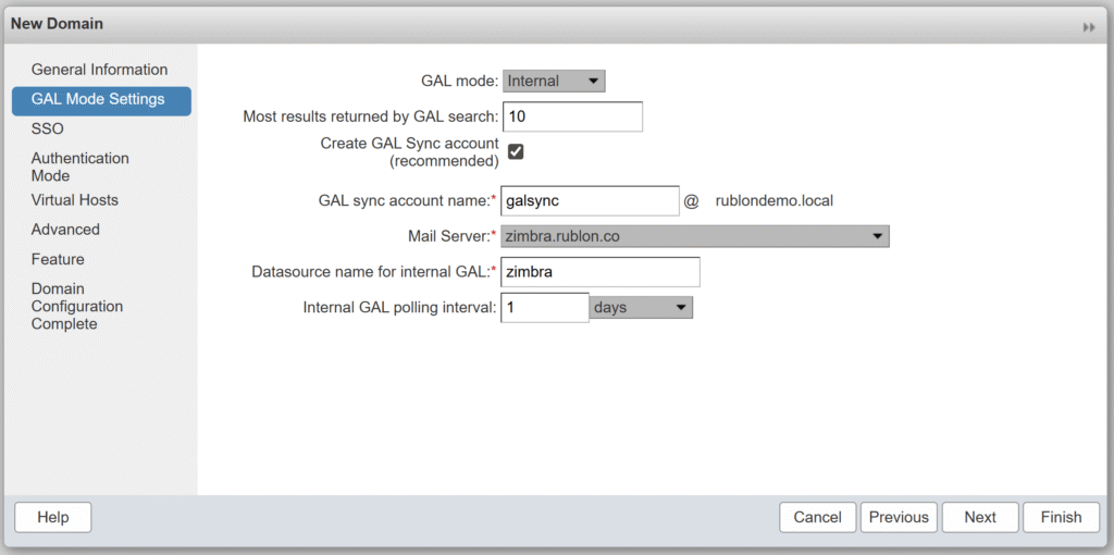 Image showing the GAL Mode Settings tab of the New Domain window of the Zimbra Administration Console.
