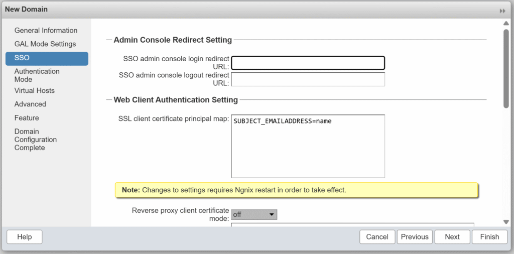 Image showing the SSO tab of the New Domain window of the Zimbra Administration Console.