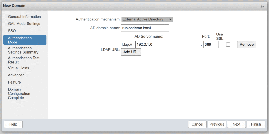 Image showing the Authentication Mode tab of the New Domain window of the Zimbra Administration Console.