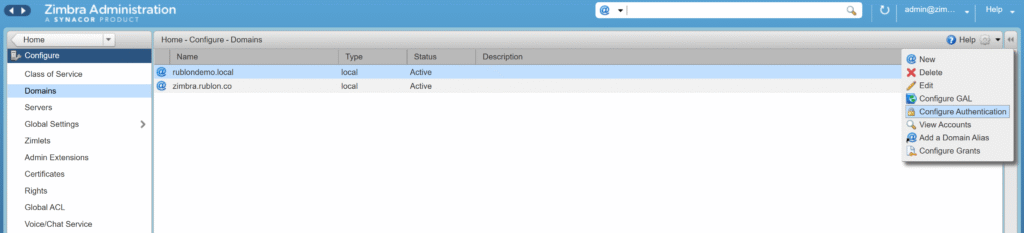 Image showing how to change the authentication configuration of a domain in the Zimbra Administration Console.