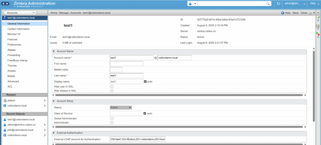 Image showing how to enable MFA for a user in Zimbra Administration Console.