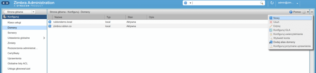 Obrazek pokazujący, jak utworzyć nową domenę w konsoli administracyjnej Zimbra.