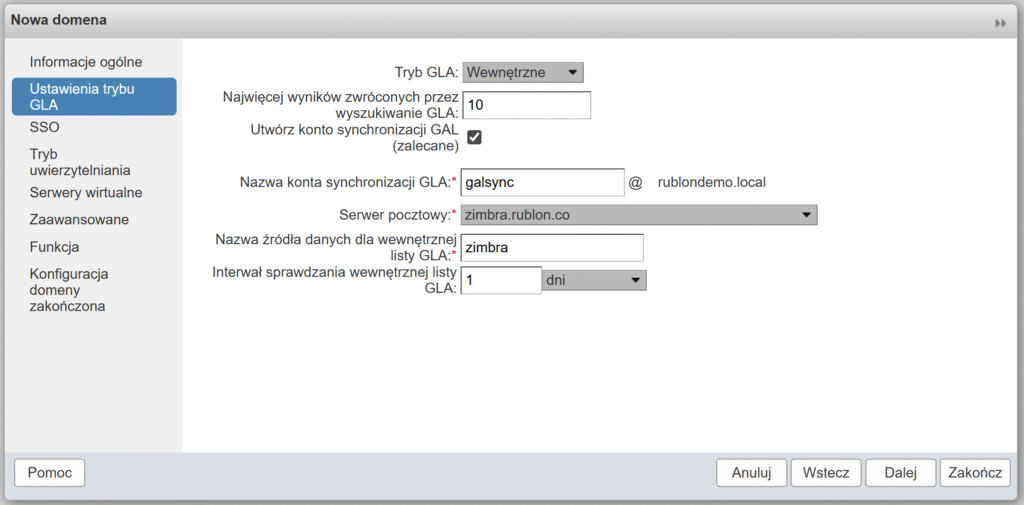 Obrazek pokazujący zakładkę Ustawienia trybu GLA w oknie Nowa domena w konsoli administracyjnej Zimbra.