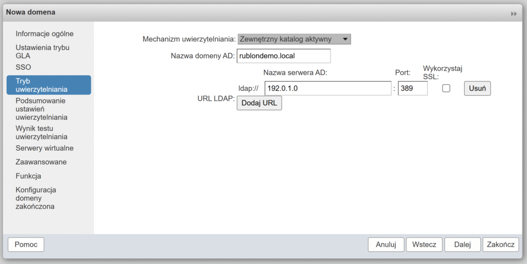 Obrazek pokazujący zakładkę Tryb uwierzytelniania w oknie Nowa domena w konsoli administracyjnej Zimbra.