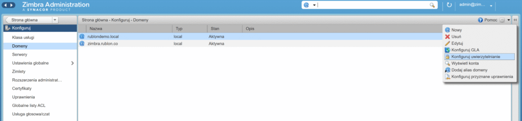 Obrazek pokazujący jak zmienić konfigurację uwierzytelniania domeny w konsoli administracyjnej Zimbra.