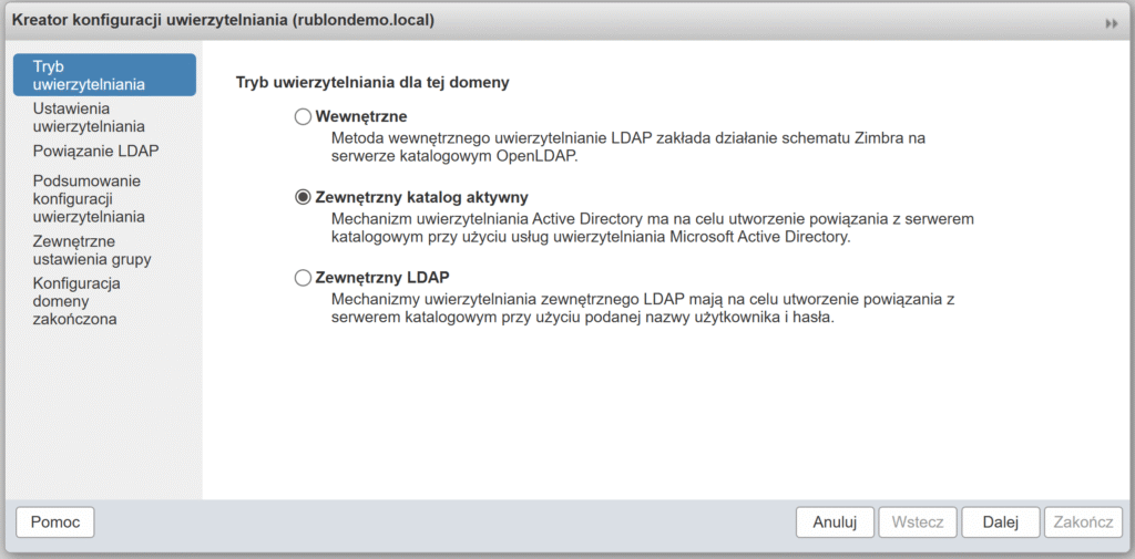 Obrazek pokazujący wybór trybu uwierzytelniania dla domeny w konsoli administracyjnej Zimbra.