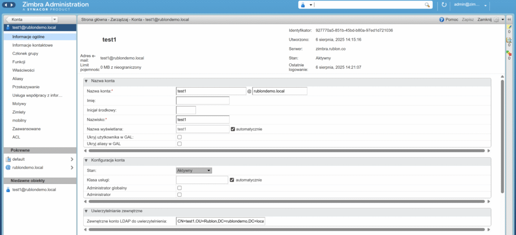 Obrazek pokazujący jak włączyć uwierzytelnianie MFA dla użytkownika w panelu administracyjnym Zimbra.